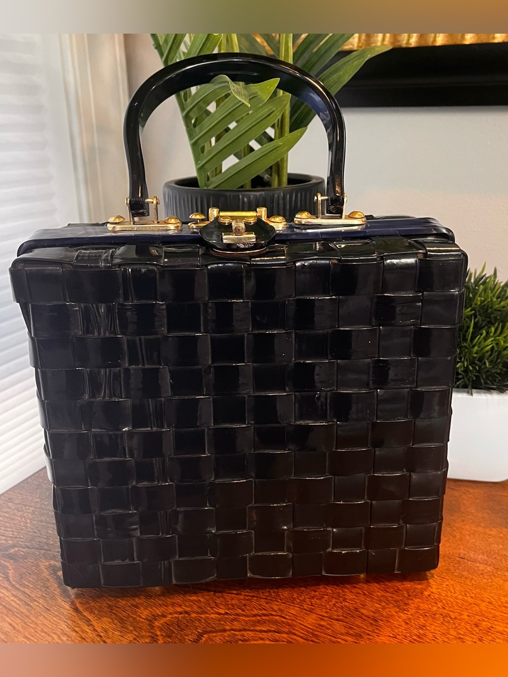 Vintage Stylecraft Miami Navy Woven Lucite Box Bag Handbag